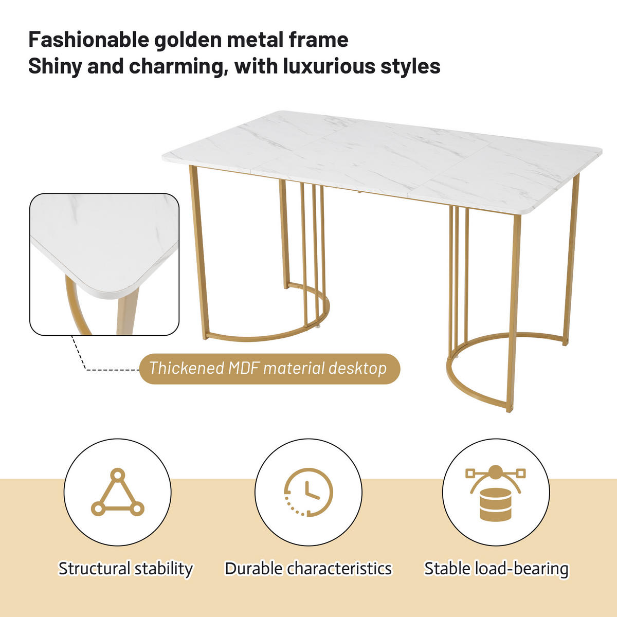 ESSTISCH Marmoroptik Weiß/Gold 140/80/75 cm - Weiß, Holz (80/140/75cm) - PANGIVO
