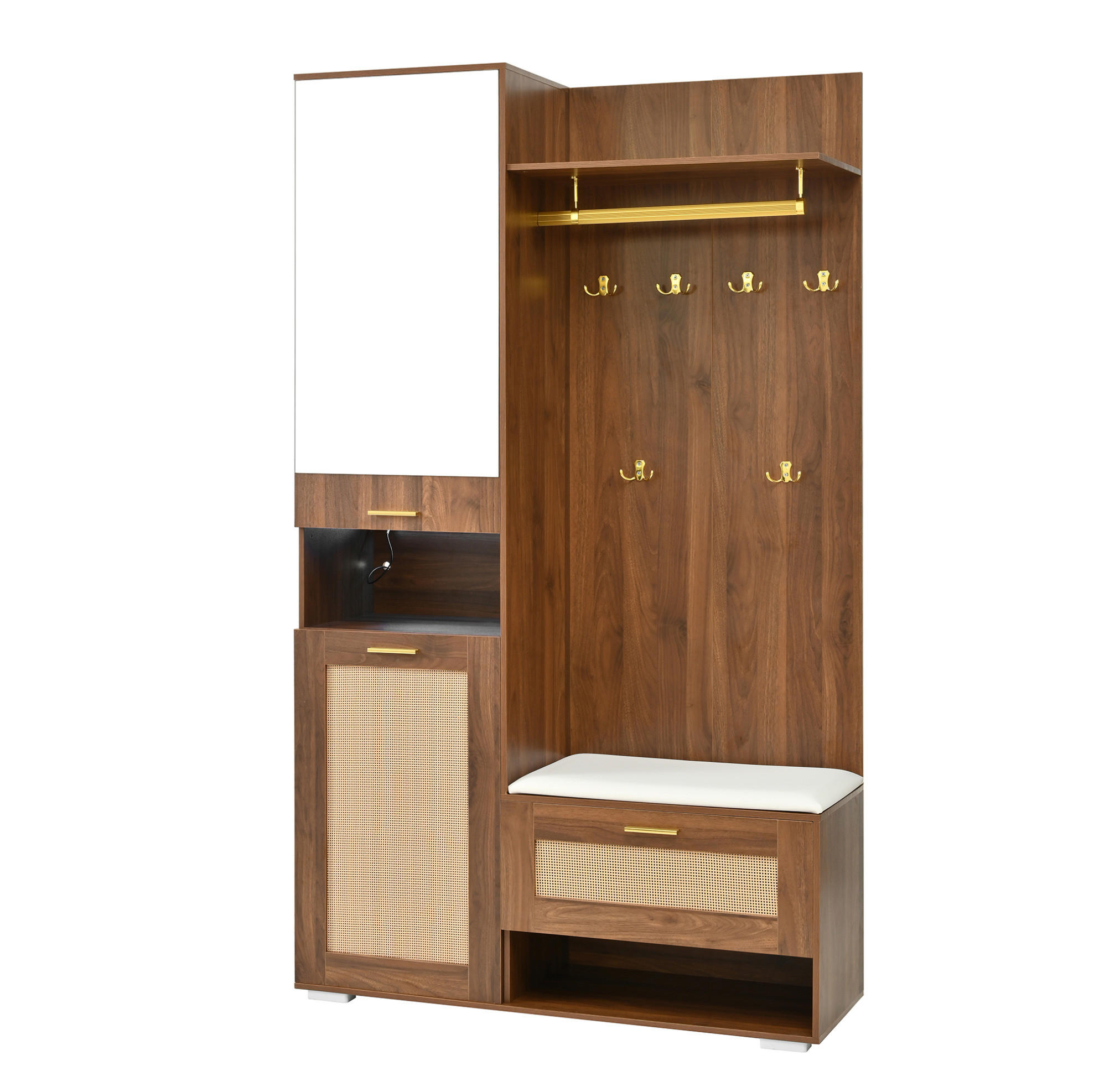 Modfu PŘEDSÍŇOVÁ stěna z MDF a dřevotřísky 110x38x190 cm ořechová/bílá se zrcadlem, LED osvětlením a lavicí