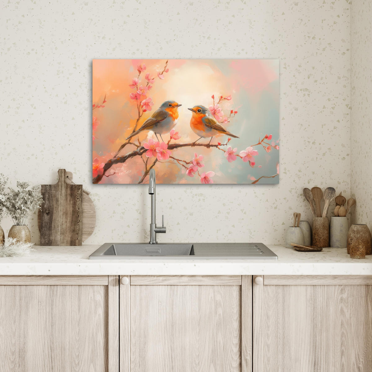 LEINWANDBILD Rotkehlchen - Zierpflanze - Blütenzweig Gemälde 60x40 cm - Hellrosa, Textil (60/40cm) - MuchoWow