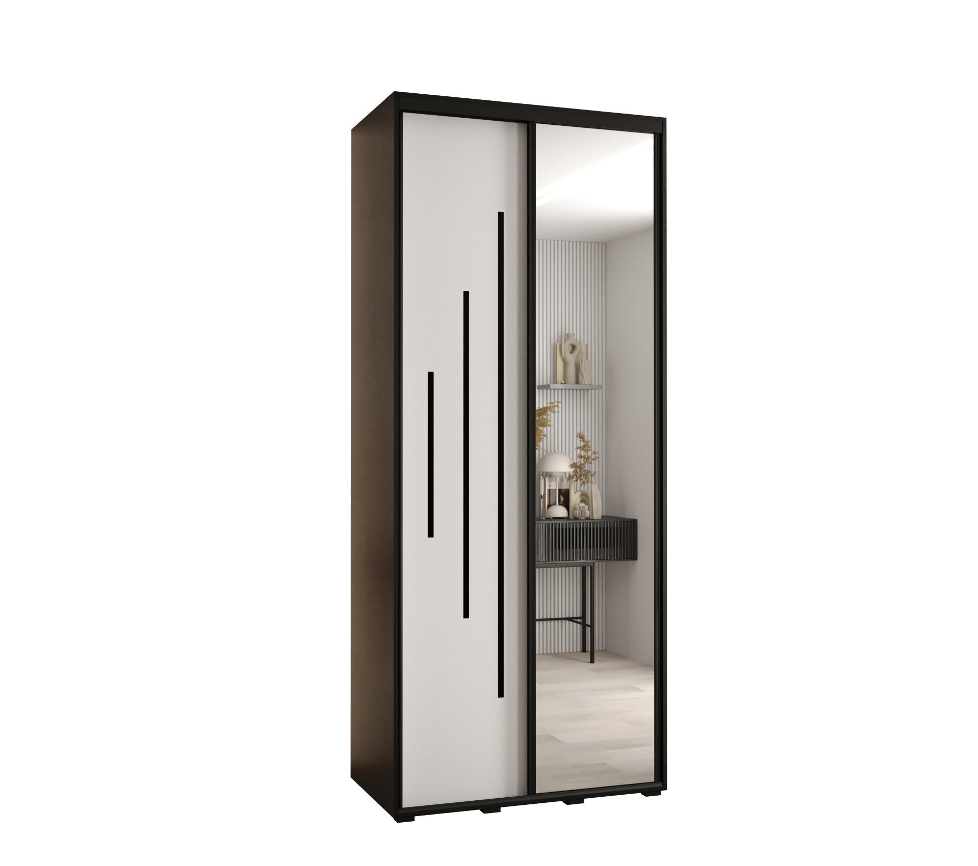 Abiks Möbel Schwebetürenschrank Schwarz, Weiß, Schwarz 100x235x45 cm