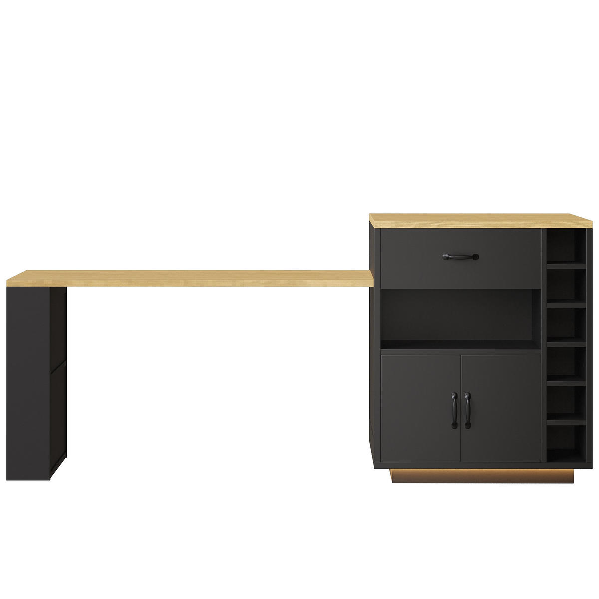 KÜCHENINSEL mit LED-Lichtleiste, Ausziehtisch, 2 Schubladen 141*70*95,5 - Schwarz, Holz/Holzwerkstoff (70/95.5/193.5cm)