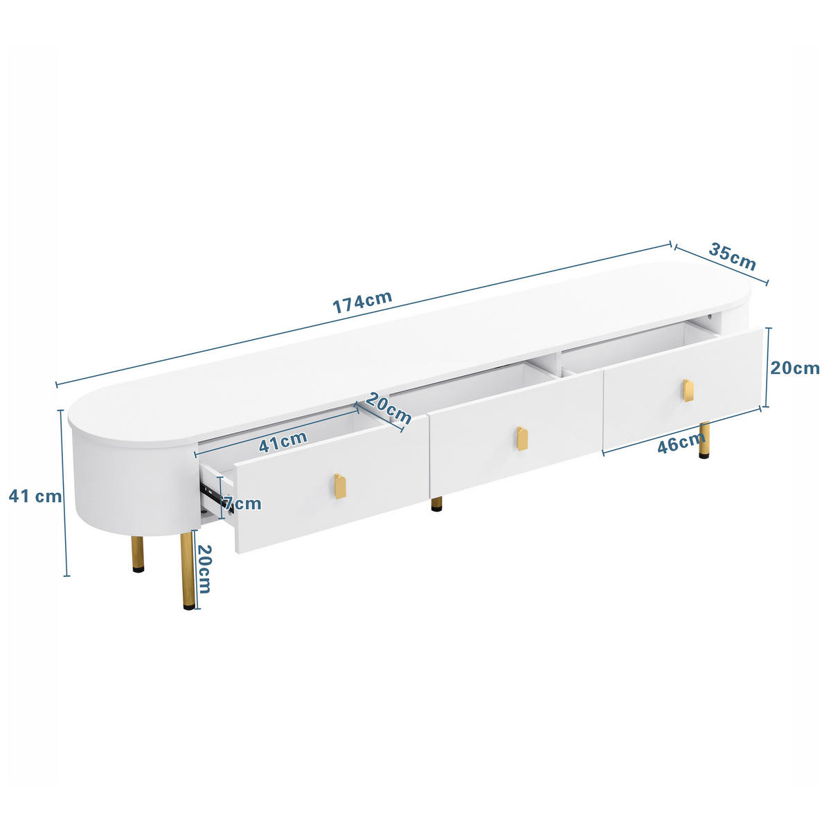 NÍZKÁ komoda z MDF, 174/35/41 cm bílá se zlatými detaily, se 3 zásuvkami - bílá, kompozitní dřevo (174/41/35cm) - BEAOK