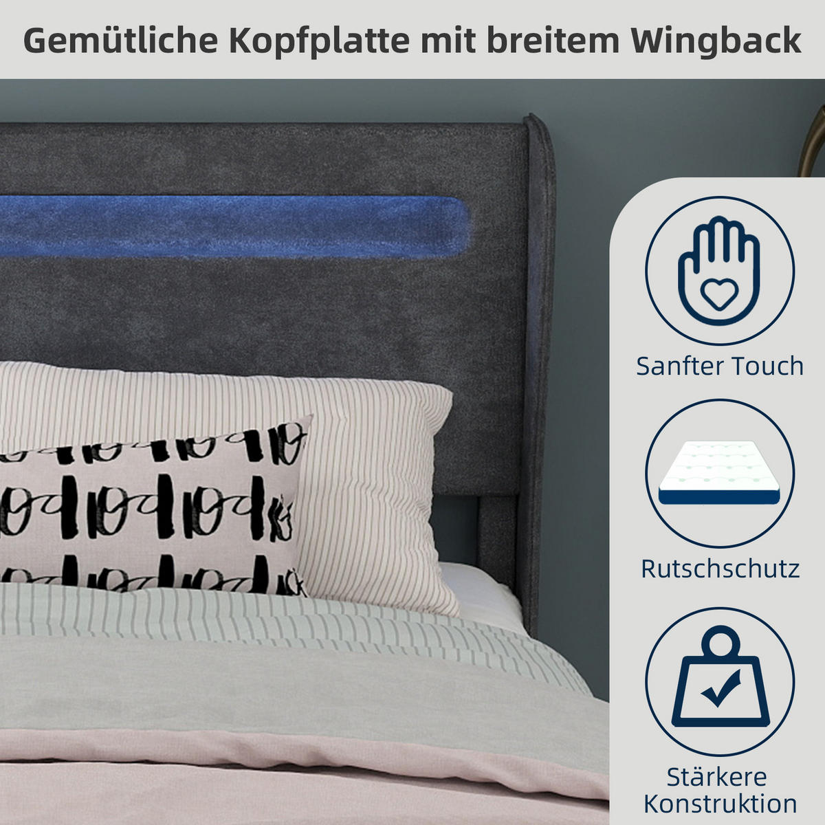 POLSTERBETT 140x200 cm LED ohne Stauraum grau - Grau, Textil (140/200cm) - LEBENLANG