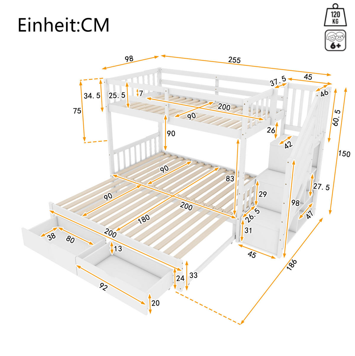 ETAGENBETT 90/200 cm Weiß mit Ausziehbett und zwei Schubladen aus Kiefernholz - Weiß, Holz (90/200cm) - OKWISH