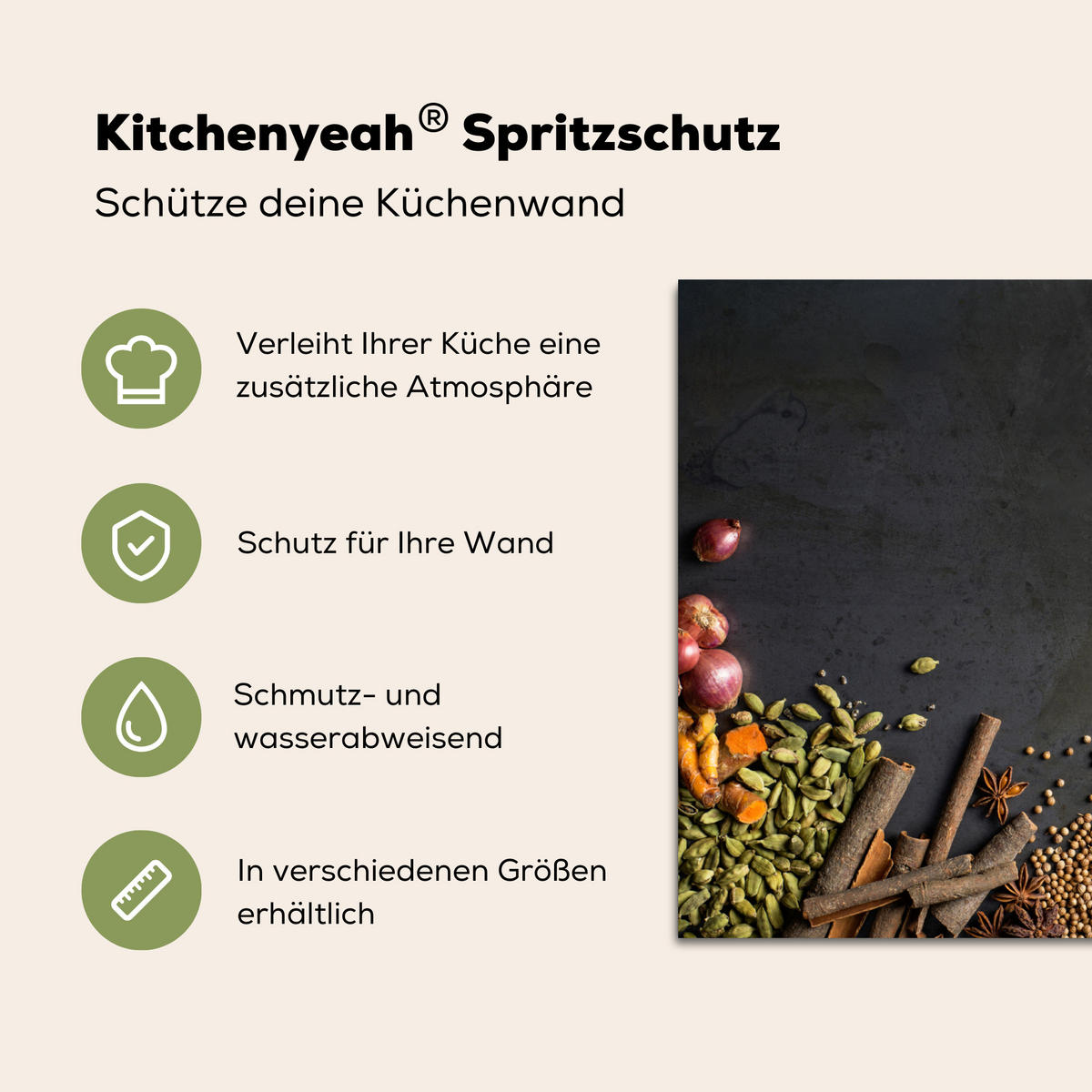 SPRITZSCHUTZ KÜCHE Kräuter - Lebensmittel - Gewürze - Schwarz - Paprika - Zimt 70x50 cm - Currygelb, Metall (70/0.3/50cm) - MuchoWow