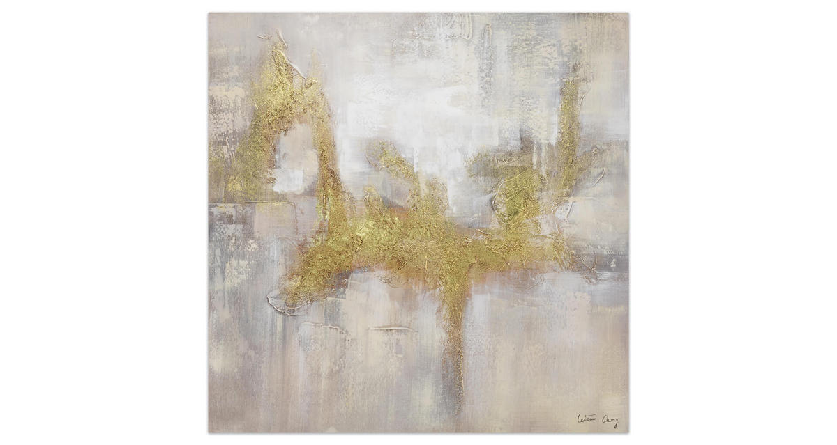RUČNE MAĽOVANÝ AKRYLOVÝ OBRAZ 80/80 cm, sivý/zlatý, abstraktný geometrický motív - sivá/zlatá, drevo/textil (80/80cm) - KUNSTLOFT