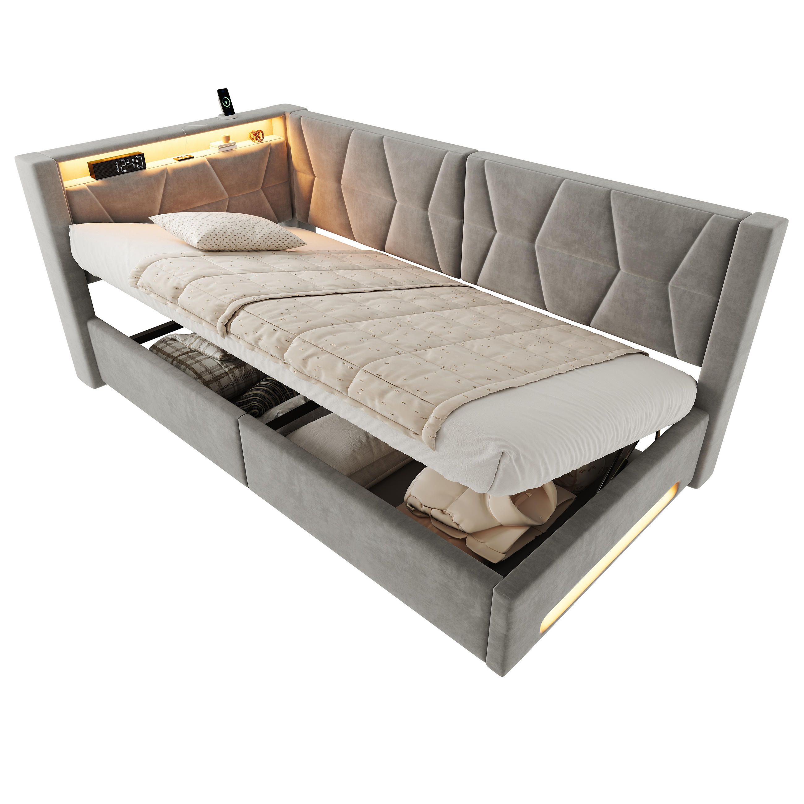 BOXBETT 90/200cm, LED/USB-C, Bettkasten, Lattenrost, Dunkelgrau - Dunkelgrau, Holz/Metall (90/200cm) - LVHOM