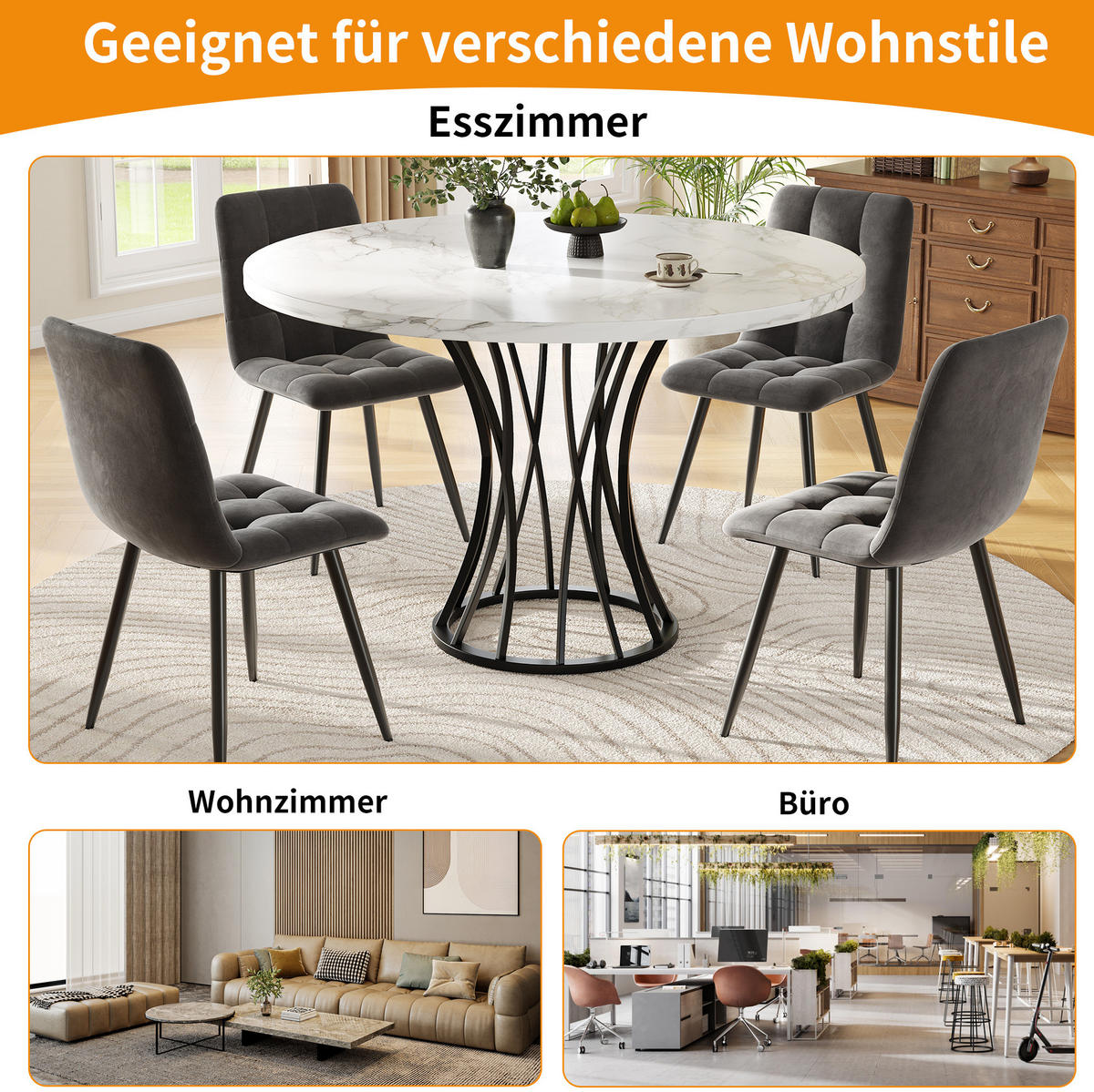 ESSTISCH 80x80x76 cm in Weiß und Schwarz aus MDF mit Marmormuster auf Metallgestell - Schwarz, Holzwerkstoff (80/80/76cm) - Modfu