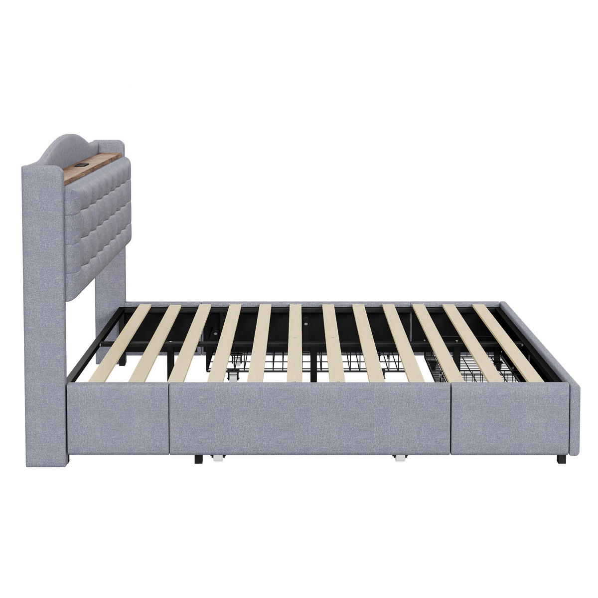 POLSTERBETT 140/200 cm mit USB-Ladeanschluss, Ablage und 4 Schubladen, grauer Leinenstoff - Grau, Textil (140/200cm) - Redom