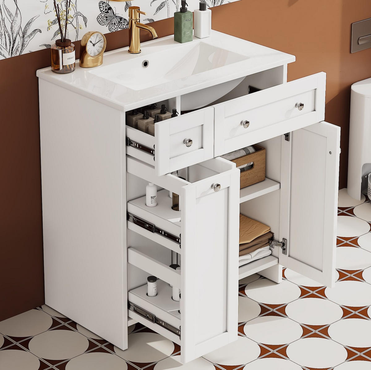 WASCHTISCH Keramik & MDF 76x47x86 cm Weiß freistehend mit Stauraum und Soft-Close - Weiß, Keramik (76/86/47cm) - Modfu