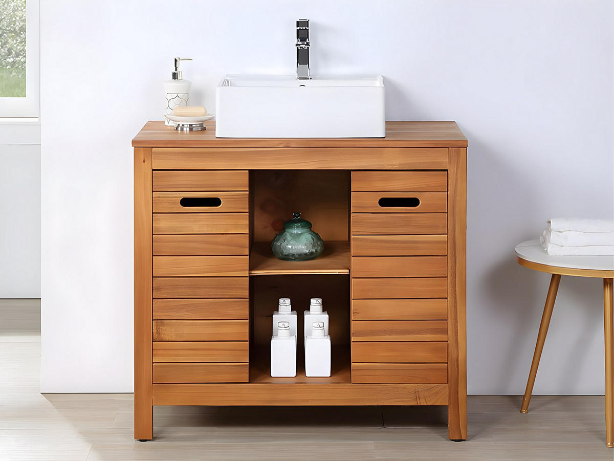EINZELWASCHTISCH - 90 cm x 50 cm - Keramik, Holz, Platte - Naturfarben Dunkel - PULUKAN - Naturfarben, Keramik/Holz (90/83/50cm) - Vente-Unique