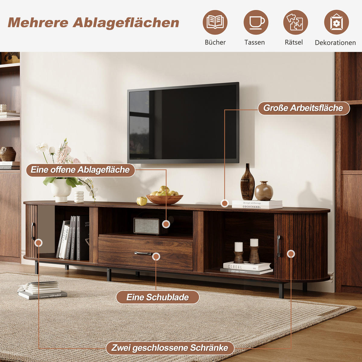 TV-SCHRANK 180/40/45 cm Walnuss mit 1 Schublade und 2 Schiebetüren - Nussbaumfarben, Holzwerkstoff/Metall (180/45/40cm) - Oxeza