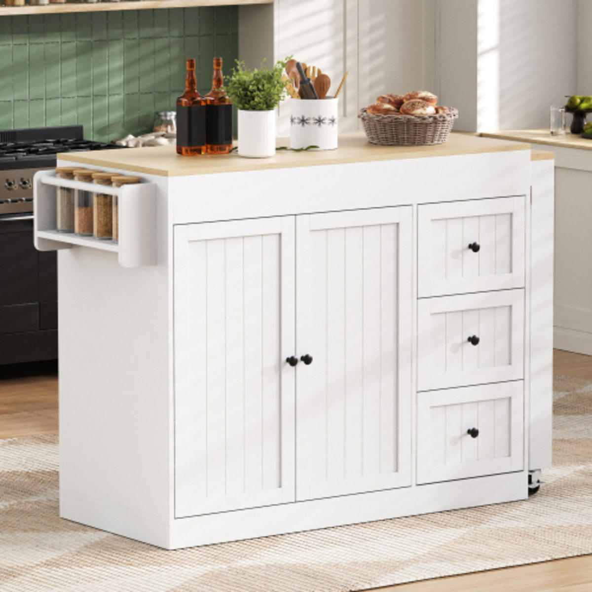 KÜCHENINSEL mit arretierbaren Lenkrollen weiß 112-186,8×45×93 cm aus MDF - Weiß, Holzwerkstoff (186.8/93/45cm) - Luhomfu