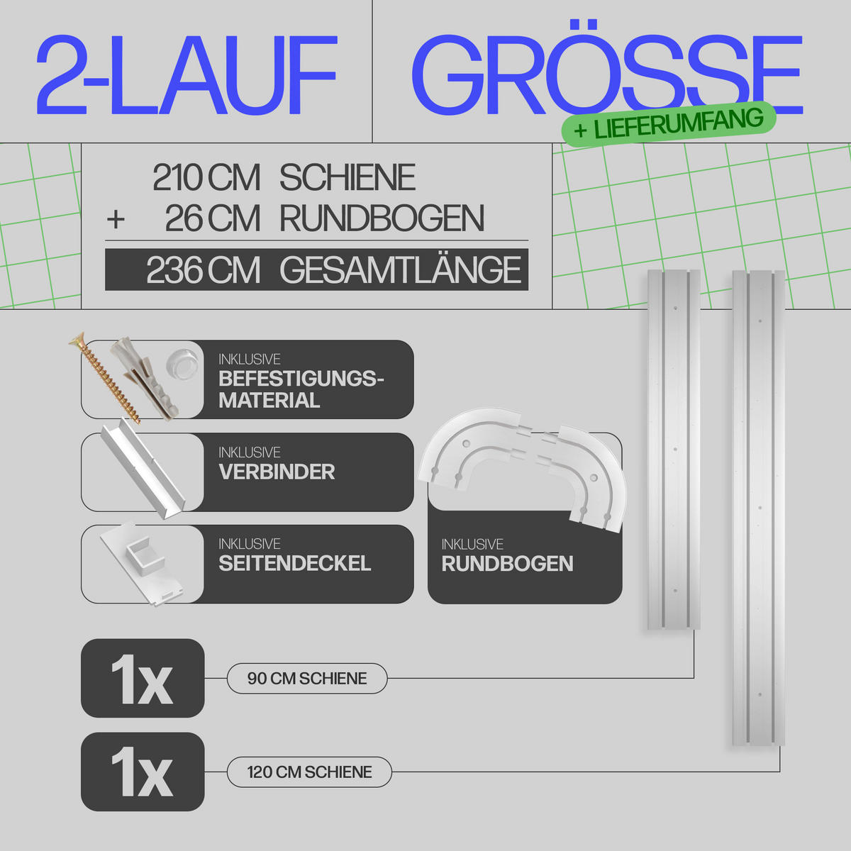 GARDINENSCHIENE - Komplettset inkl. Zubehör 210cm (1x90/1x120cm) 2-läufig + 2er Set Rundbogen - Weiß, Kunststoff (10/210cm) - Bestlivings