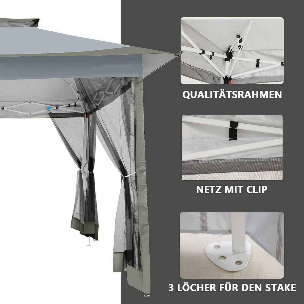PAVILLON 3 x 3 m Dunkelgrau Wasserdicht mit Moskitonetz - Grau, Textil (365/270/365cm)