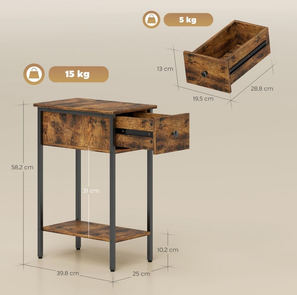 BEISTELLTISCH aus Holz 39,8x25x58,2 cm Rustikales Braun/Schwarz mit Schublade, offenem Fach und Metallbeinen - Braun, Holzwerkstoff (25/39.8/58.2cm) - Modfu