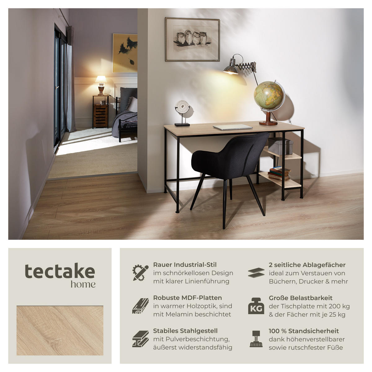 SCHREIBTISCH Donegal,140 x 60 x 76,5 cm,Industrial Holz hell, Eiche Sonoma - Naturfarben, Holz (140/60/76.5cm) - tectake