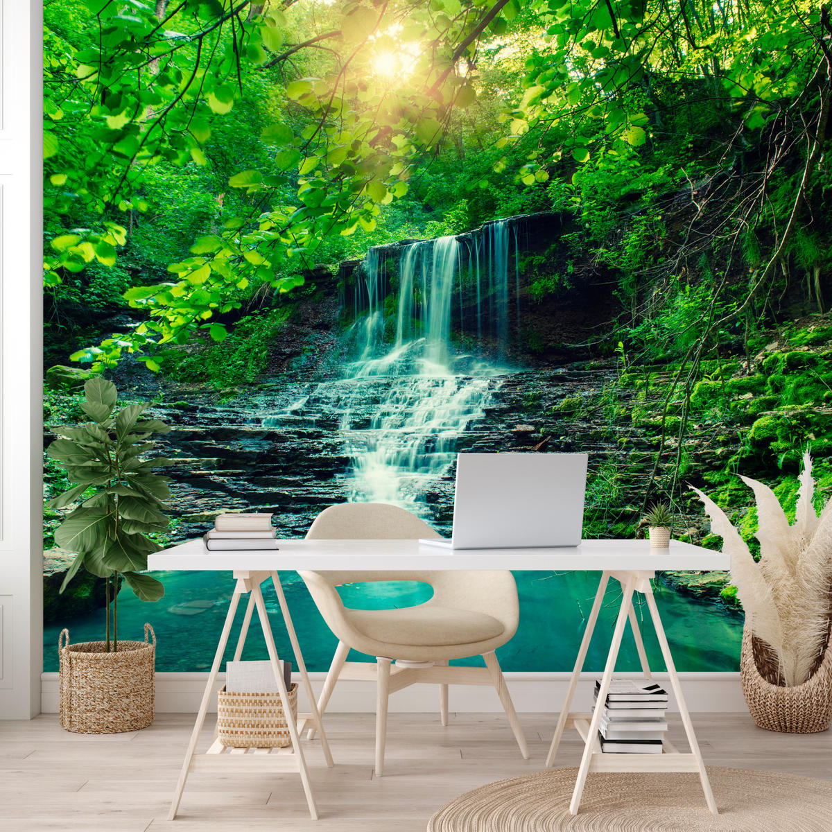 FOTOTAPETE für Schlafzimmer Türkisfarbener Wasserfall Wald Bäume Blätter Felsen 250x175 - Türkis/Blau, Papier (250/175cm) - Muralo