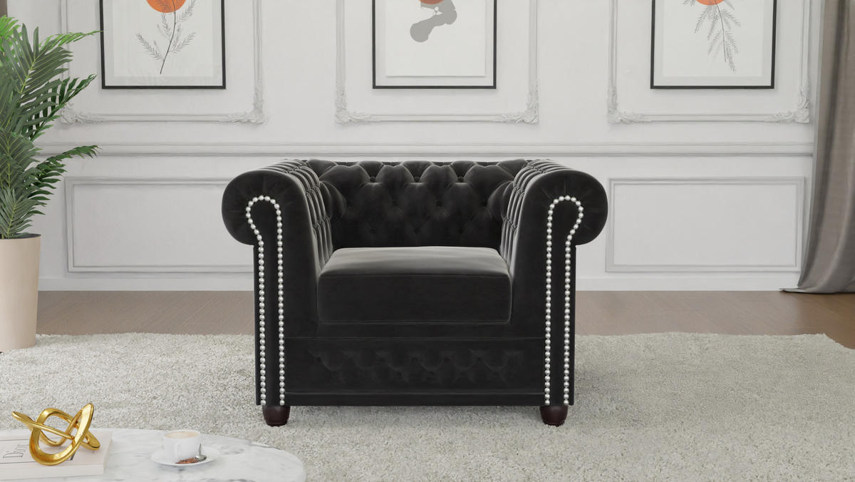 SITZGARNITUR 3+2+1 Chesterfield Nyx Schwarz Samt - Schwarz/Braun, Holz/Textil (203/72/86cm) - S-Style Möbel