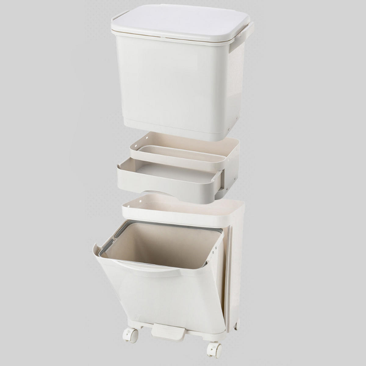 MÜLLEIMER 42L Mülltrennung 3-Stufig Schublade Rollen Kunststoff Weiß - Weiß, Kunststoff (42/84/28.2cm) - Livingandhome
