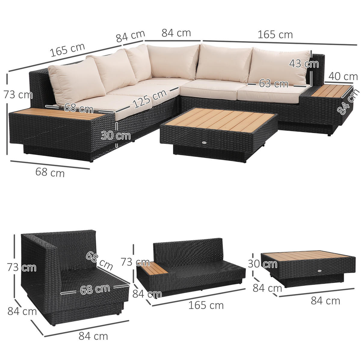 GARTEN-LOUNGE-SET 165/84/73 cm mit Ablagen, Beistelltisch und Sitzkissen aus Polyester, Schwarz - Schwarz, Kunststoff - Redom
