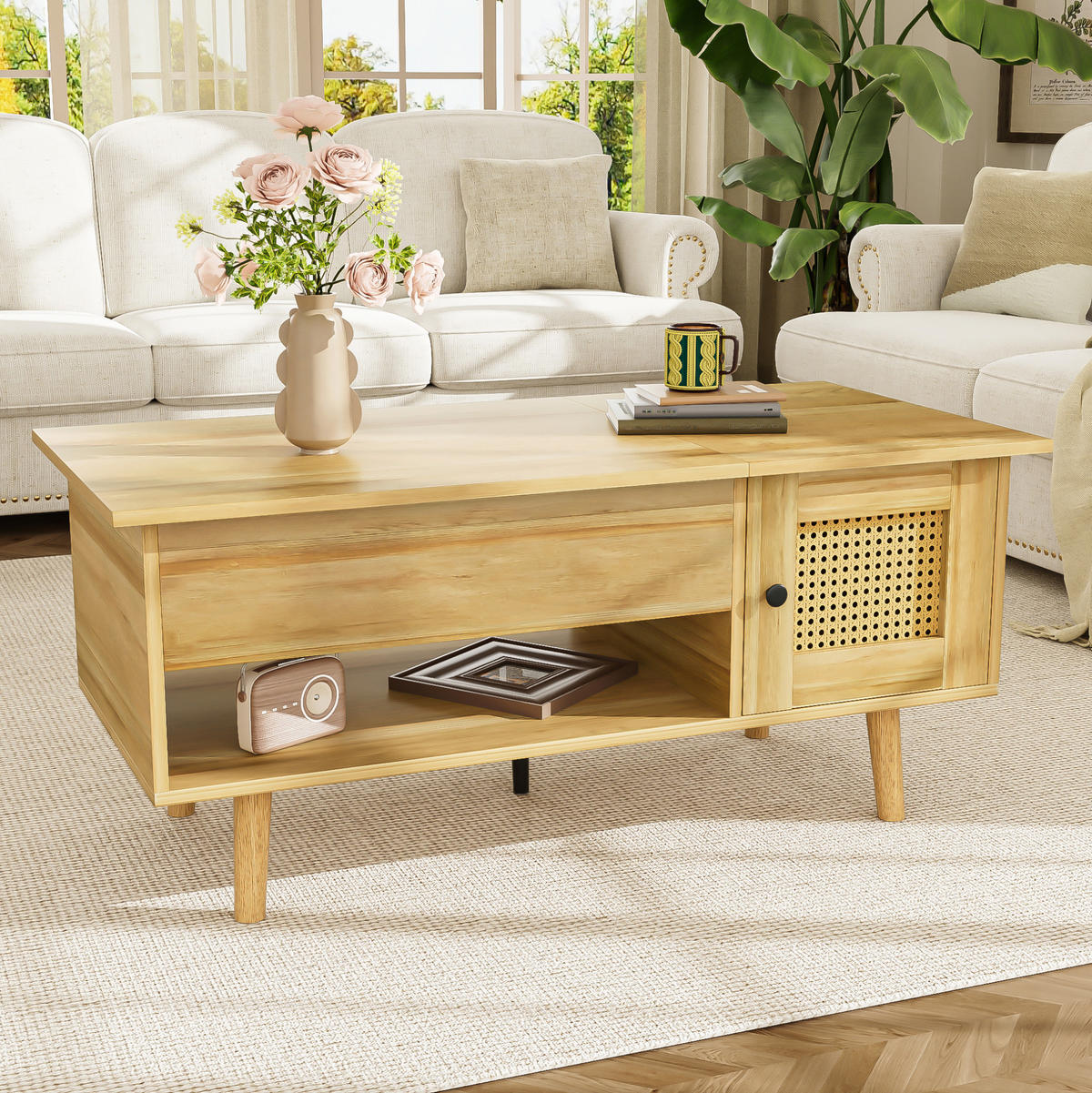 COUCHTISCH 103/50/46-60 cm mit anhebbarer Tischplatte und Rattan-Optik - Naturfarben, Holzwerkstoff (63.5/50/60cm) - Flora Grace