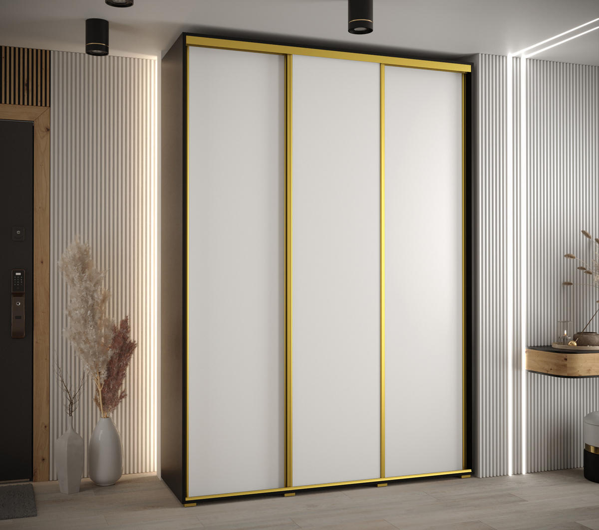 SCHWEBETÜRENSCHRANK 235,2/170/45 3-türig - Goldfarben/Schwarz, Holz/Metall (170/235/45cm) - Abiks Möbel