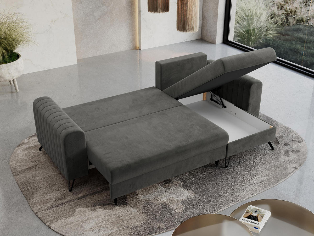 ECKSOFA Axel Velvet Grau - Schwarz/Grau, Textil/Metall (242/140cm) - MKS