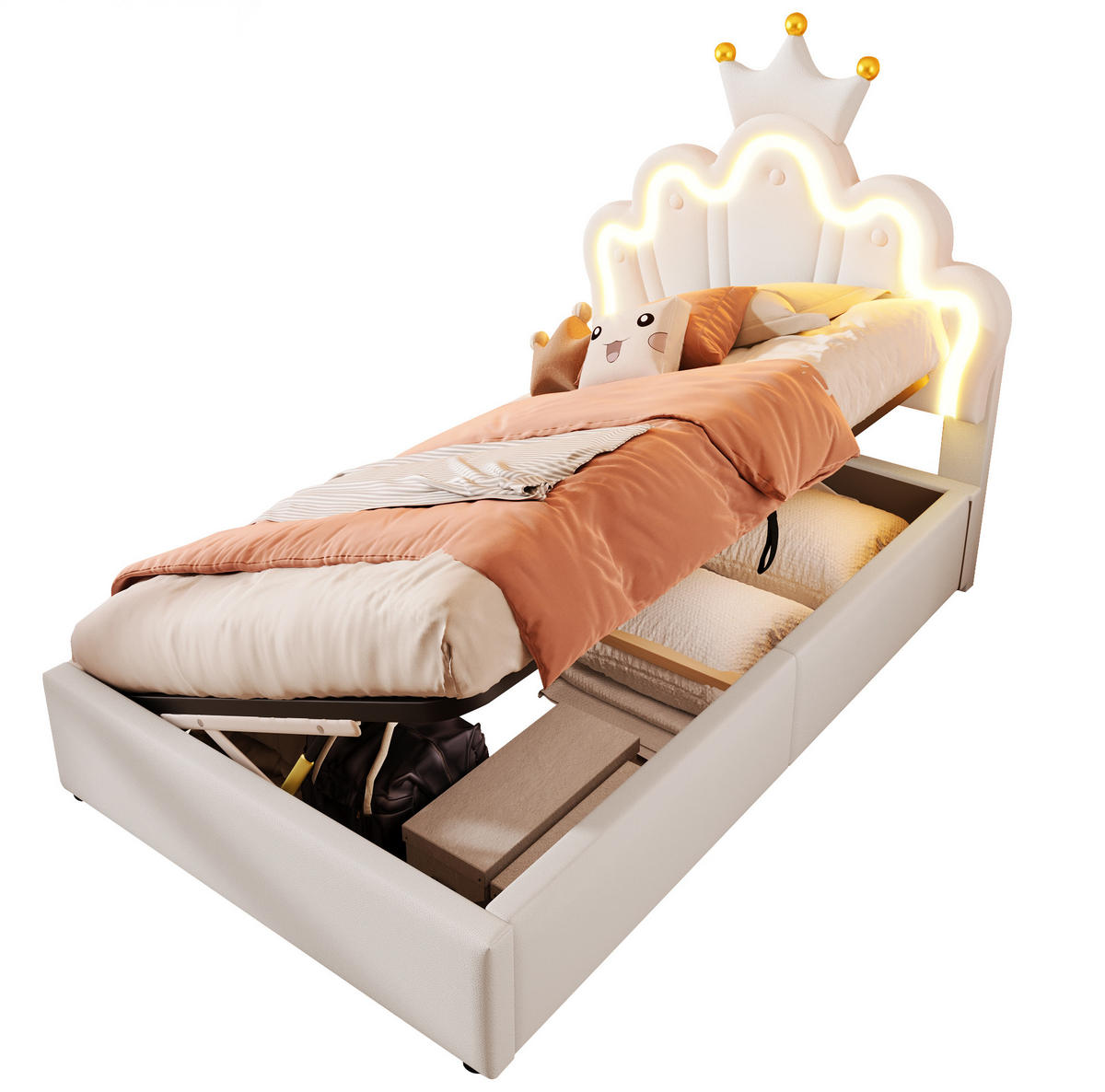 KINDERBETT Polsterbett 90/200 cm aus PU mit LED-Lichtband und hydraulischem Stauraum Weiß - Weiß, Leder (90/200cm) - Modenvie