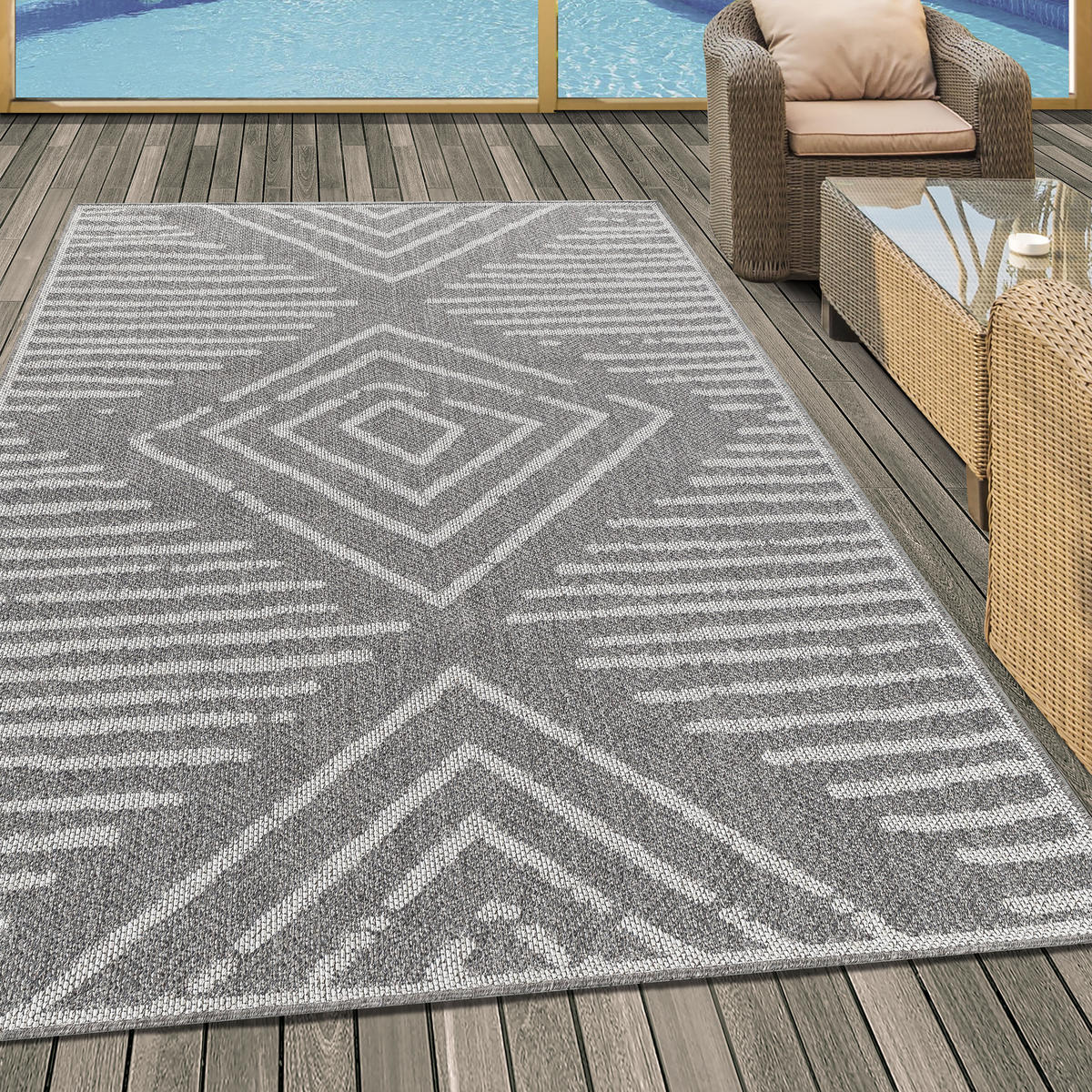 TEPPICH Outdoor Flachgewebe Gestreift Polypropylen Balkon Grau Läufer 60x100 - Grau, Textil (60/100cm) - KADIMA DESIGN
