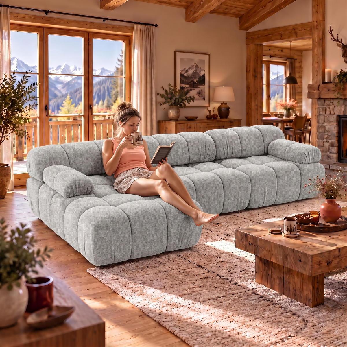 MODULARES Ecksofa MOMENTUM L, Links, Breite 282 cm, strukturierter Stoff, Grau - Chromfarben/Grau, Holz/Textil (282/155cm) - Muffo