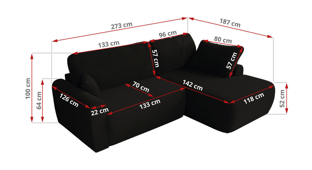 ECKSCHLAFSOFA CUBO L Schwarz Boucle - links - Schwarz, Kunststoff/Textil (273/187cm) - MKS