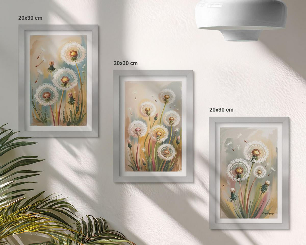WANDBILDER 3er Set - 20x30 cm Silberner Rahmen - Löwenzahnblüten, pastellfarbene Gräser - Silberfarben, Kunststoff (20/30cm) - ArtPrintCave