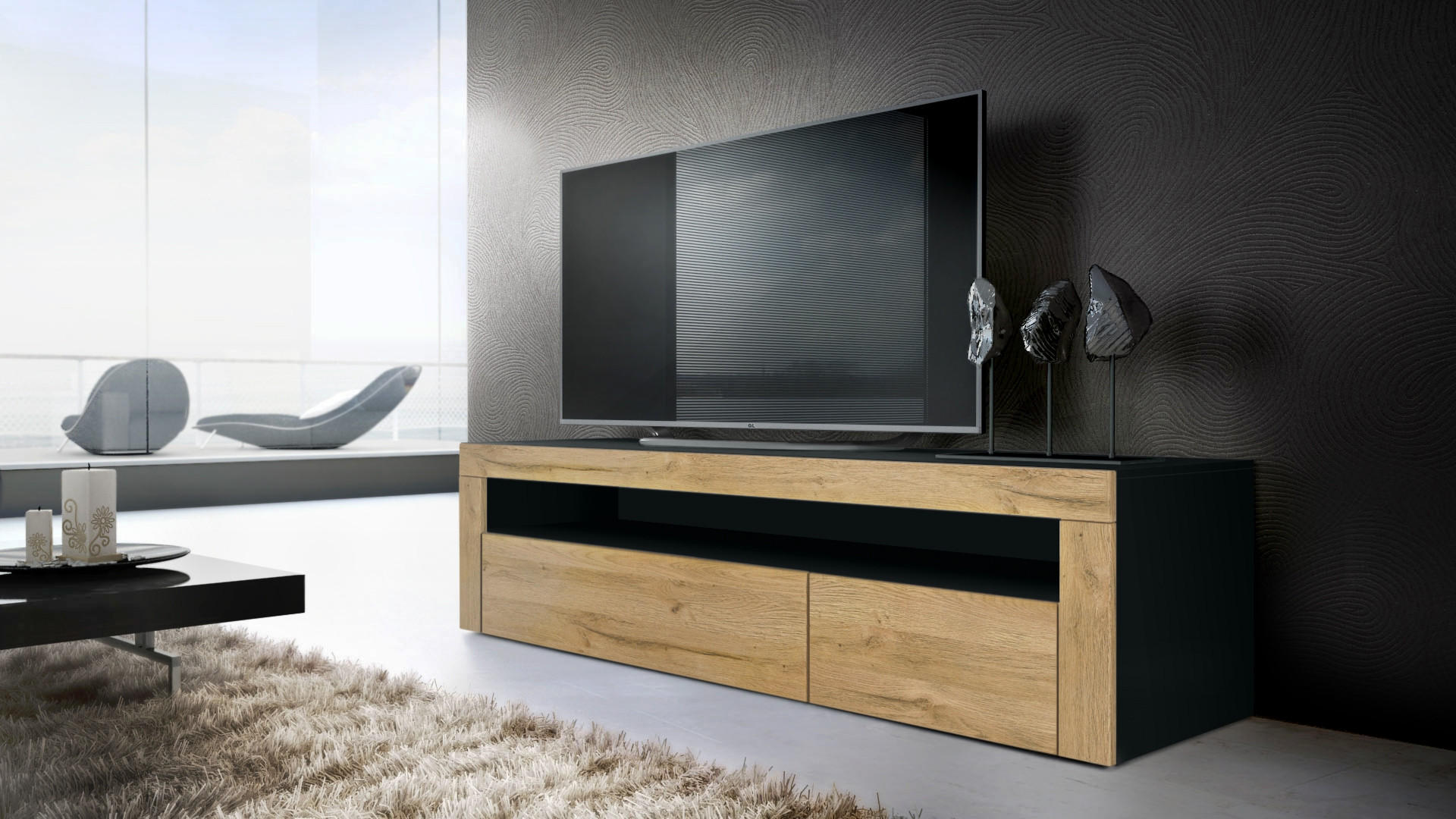 Thumbnail - Vladon Lowboard, Eiche, Holzwerkstoff, 155x46x40 cm, Wohnzimmer, Wohnwände, Lowboards, Lowboards stehend