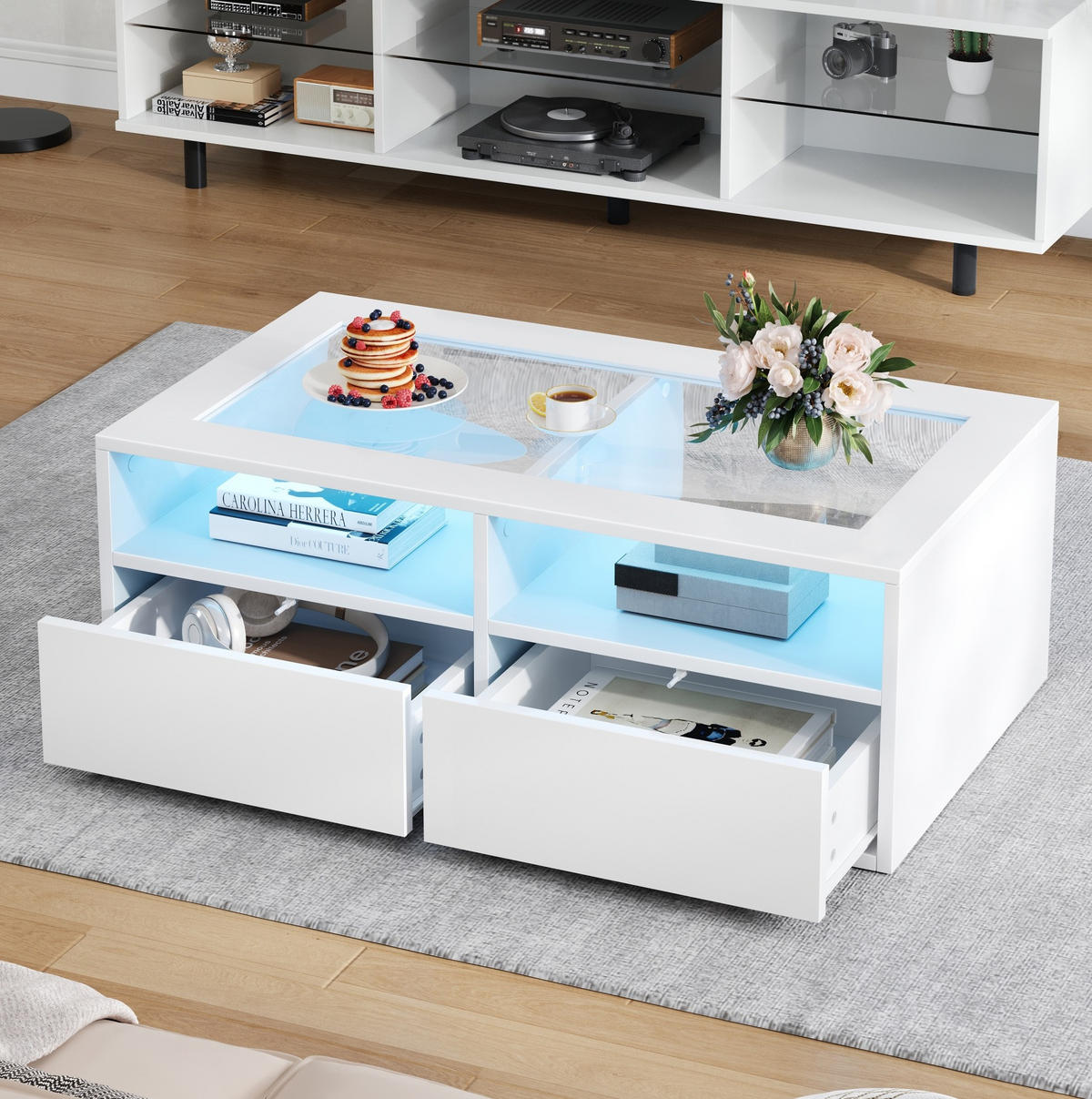 COUCHTISCH 100/50/35 cm Weiß aus Glas und Holzwerkstoff mit LED-Beleuchtung und 2 Schubladen - Weiß, Glas (100/50/35cm) - OKWISH