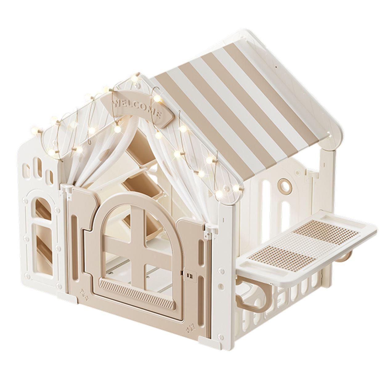 KINDERSPIELHAUS multifunktional beige Kunststoff, Matte, Aufbewahrungsboxen, Tisch, Lichter, ab 18 Monaten - Beige, Kunststoff (85/118/147cm) - Moni