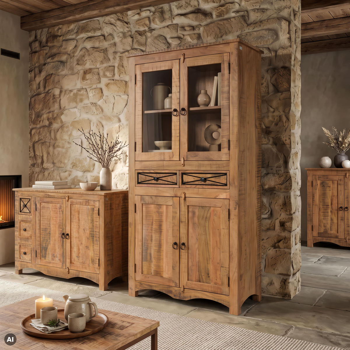 VITRINE Akazie 90x40x180 natur versiegelt NATURE OF SPIRIT #208 - Naturfarben, Holz (90/180/40cm) - Massivmoebel24
