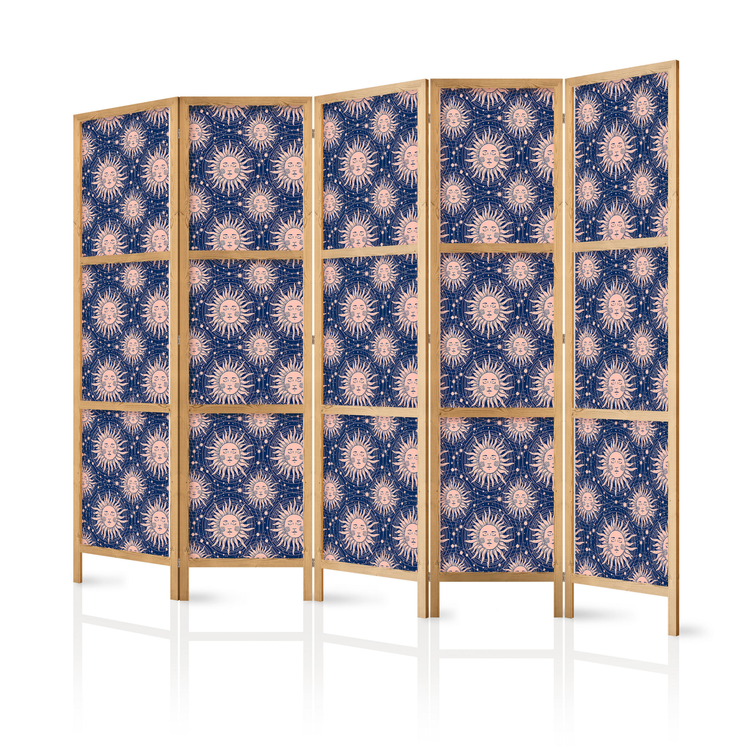 PARAVENT Japanischer 5-tlg 225x172 cm Sonnen - Blau, Holz/Textil (225/172/3cm) - Muralo