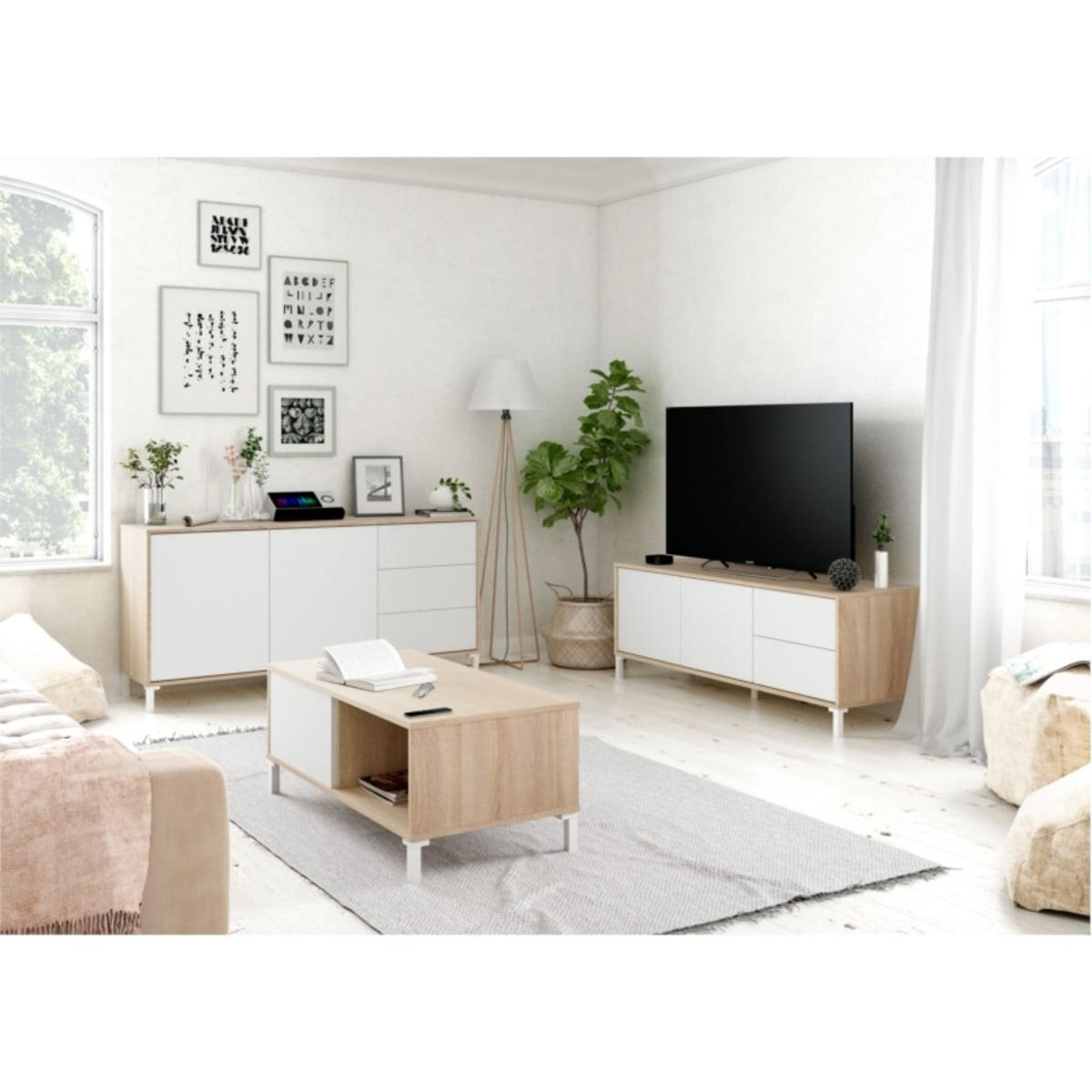 TV-MÖBEL mit 2 Türen und 2 Schubladen Brooklyn - L130 cm - Weiß/Eiche Artisan, Holzwerkstoff (41/47/8.5cm) - Calicosy