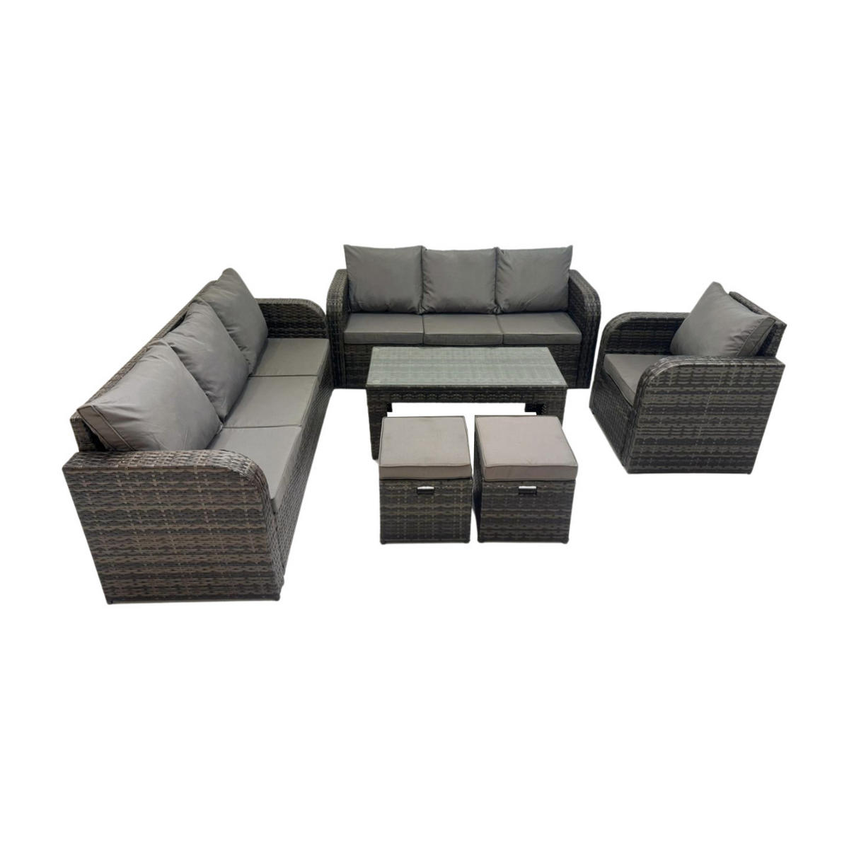GARTENMÖBEL SET mit Sofa Polyrattan 9-Sitzer Dunkelgrau - Dunkelgrau/Grau, Glas/Kunststoff - Fimous