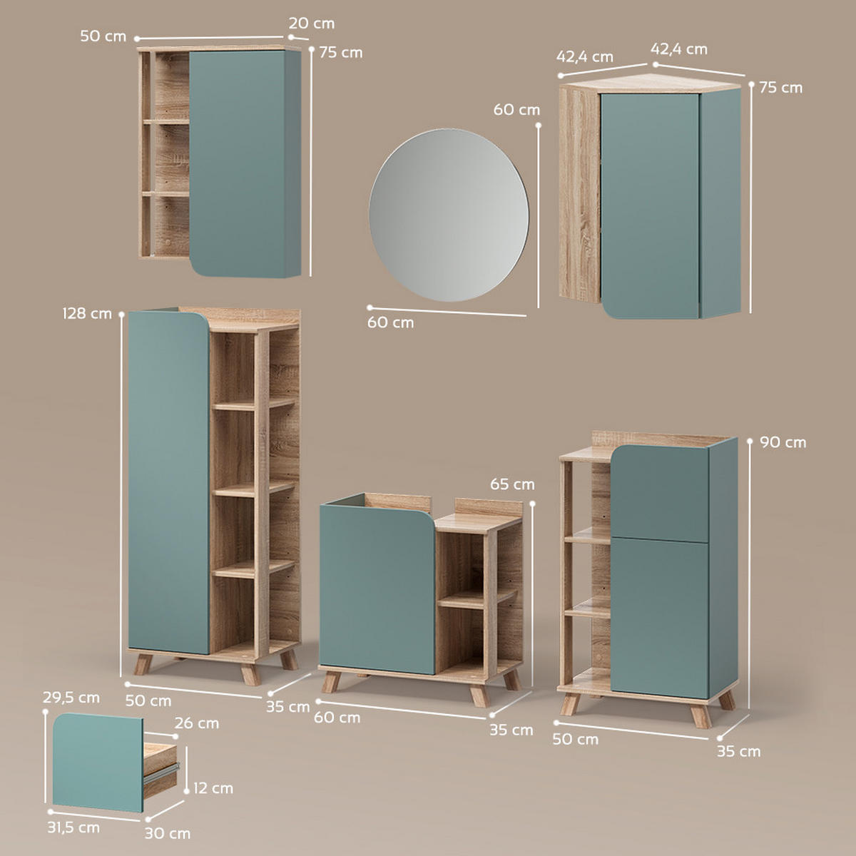 BADMÖBEL-SET Marano Blau-Grau 6 Teile - Blaugrau/Sonoma Eiche, Holzwerkstoff (60/65/35cm) - Livinity®