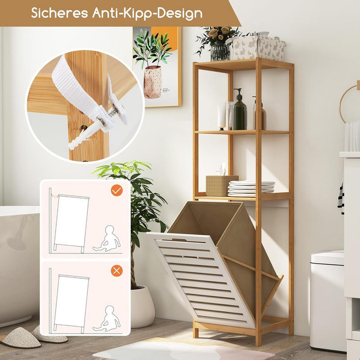 BADEZIMMERREGAL mit Wäschekorb natur - Naturfarben, Naturmaterialien (36/130/33cm) - COSTWAY