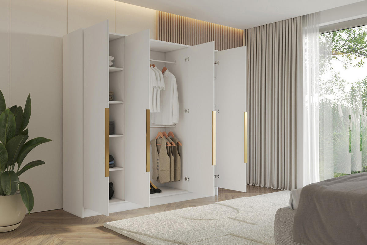KLEIDERSCHRANK - PORTO - 200 - Weiß - Goldfarben/Weiß, Holzwerkstoff (200/200/51cm) - ALTDECOR