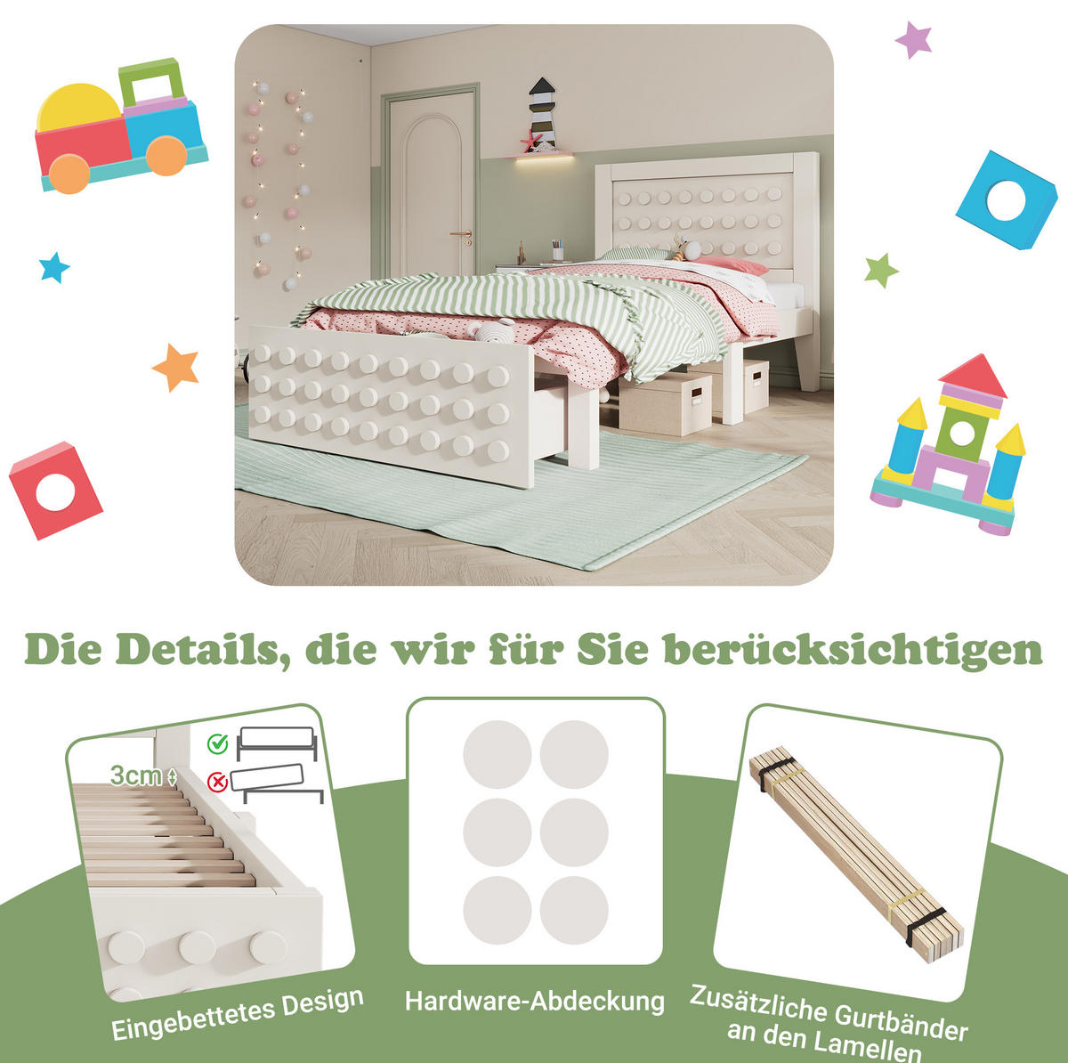 KINDERBETT 90/200 cm in Weiß mit Schublade und Stauraum aus MDF & Massivholz - Weiß, Holz (90/200cm) - BEAOK