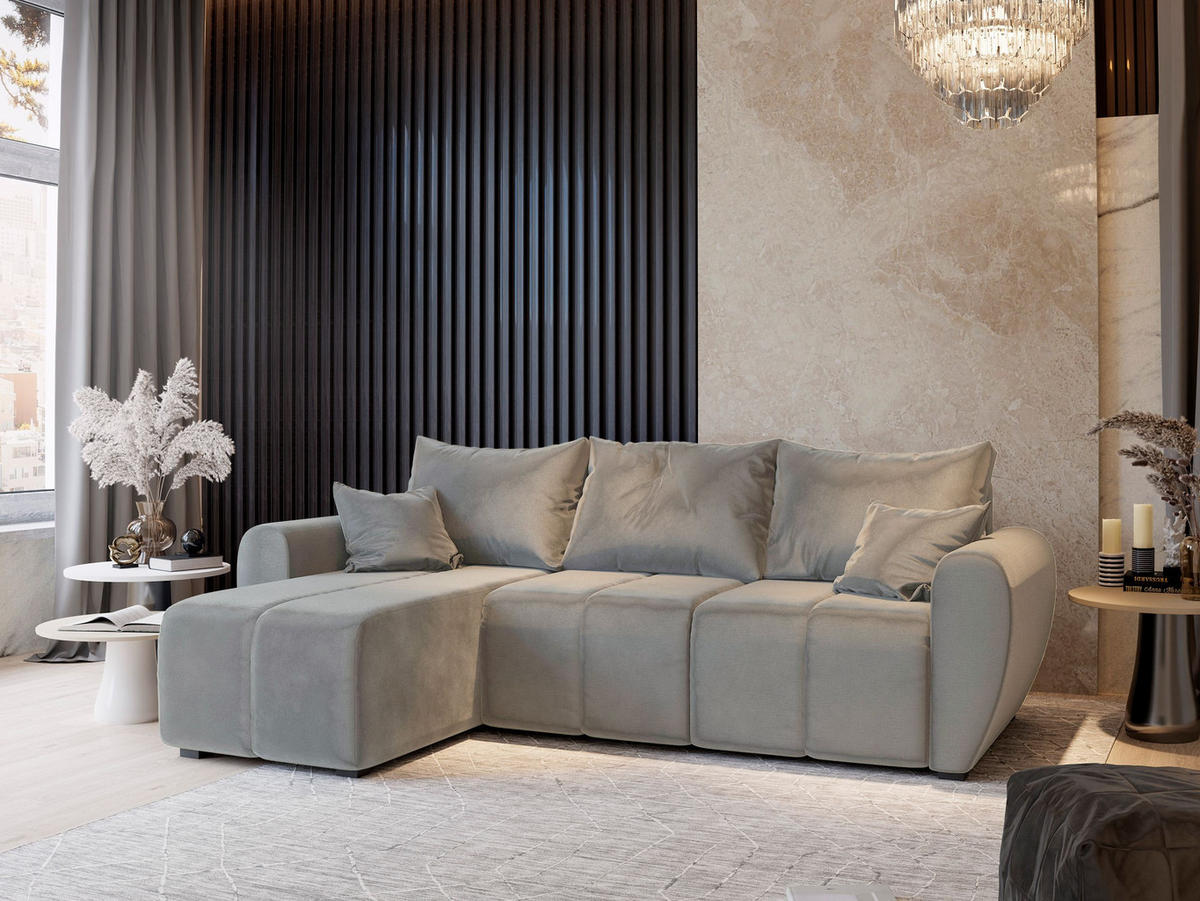 ECKSOFA MADISON Beige Plüsch-Stoff mit Schlaffunktion - Beige, Holz (246/143cm) - MASSENO