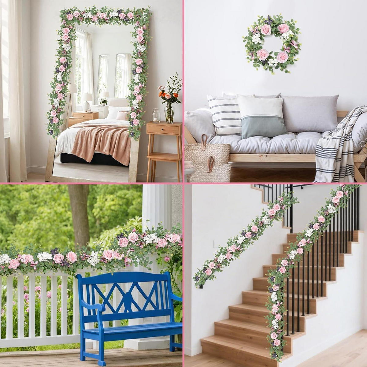 KÜNSTLICHE Blumengirlande 2er Set 1,8 m Rosa Eukalyptus mit Schmetterlingen - Multicolor, Textil (5cm)