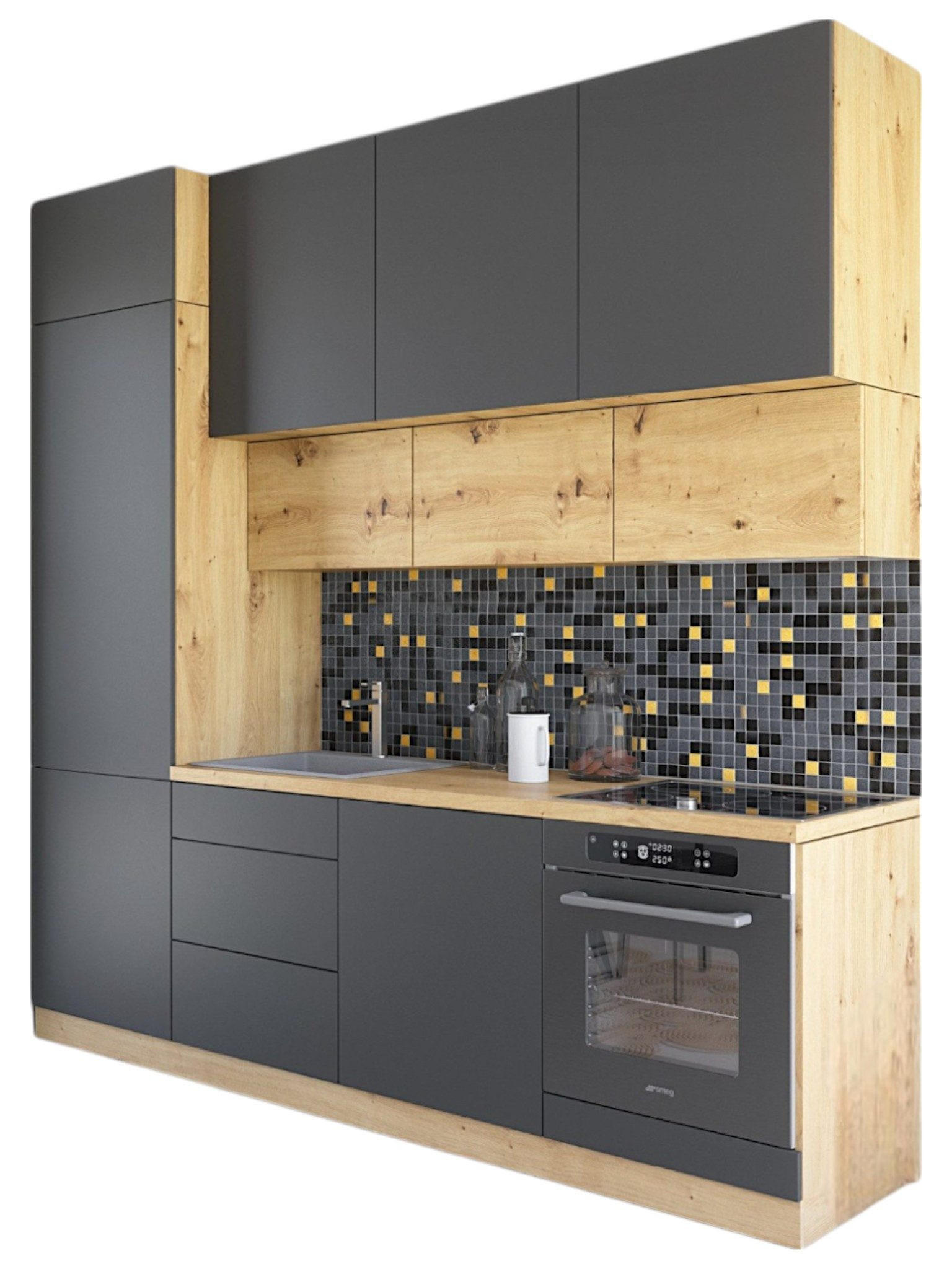 KÜCHENZEILE 240 cm - Nexa K17-G240 - in Grau / Matt - Eiche Artisan/Grau, Holz (240/212/58cm) - ROYAL24_MARKT