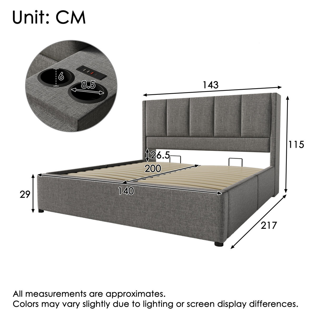 POLSTERBETT 140/200 cm mit verstecktem Becherhalter, USB-Ladestation und hydraulischem Stauraum, Grau - Grau, Textil (140/200cm) - Redom