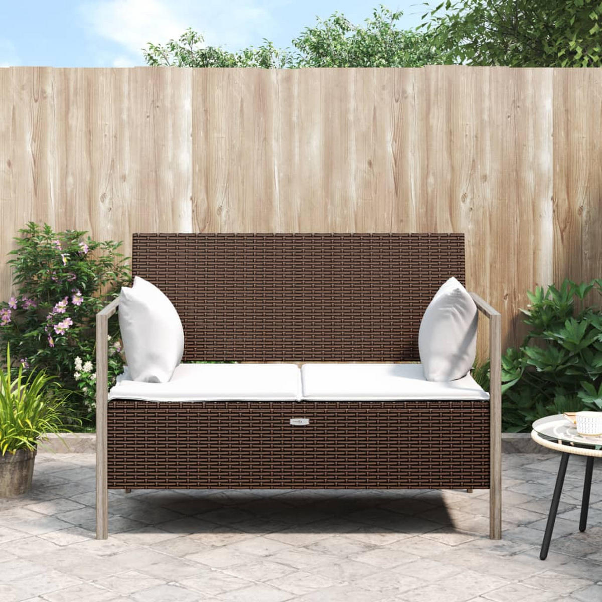 GARTENBANK 2-Sitzer mit Kissen Braun Poly Rattan - Braun, Holz (112/82.5/59cm) - furnicato