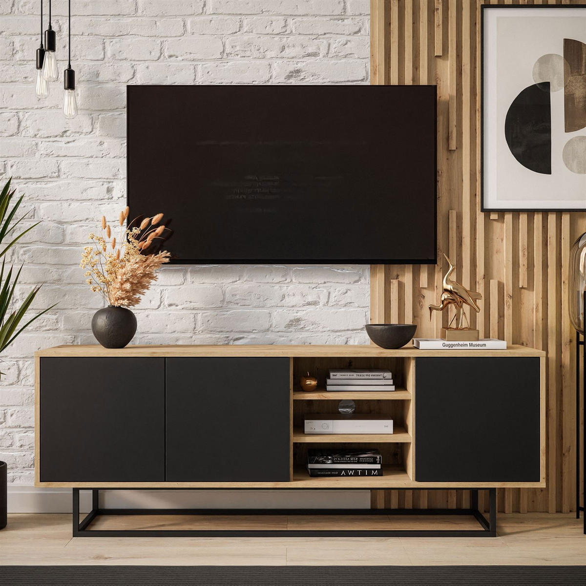 TV-ELEMENT SANAYI II mit Regalen Eiche Artisan/Schwarz - Schwarz, Holzwerkstoff (156/56/38cm) - Lookway
